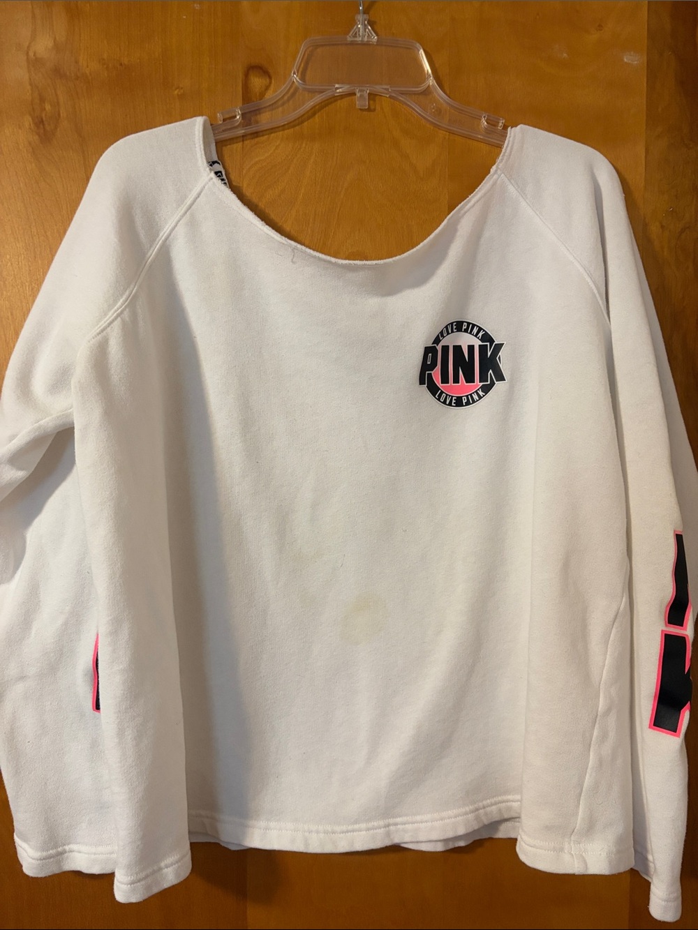 PINK Victoria's Secret White Long-Sleeve Crew with Pink & Black Logos - Picture 1 of 7